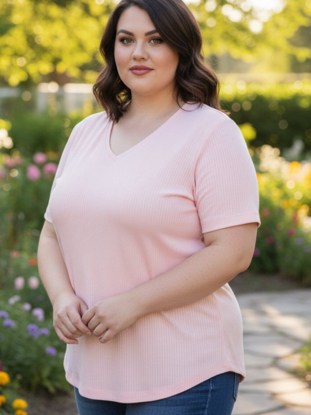 Cherokee Woman 2X Light Pink Ribbed V‑Neck Short Sleeve Top